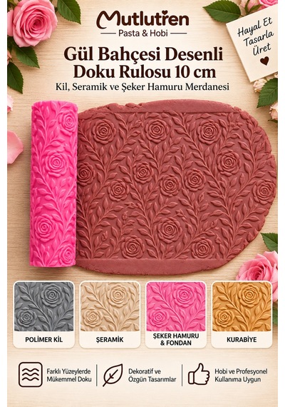 Gül Bahçesi Desenli Doku Rulosu 10 Cm Kil, Seramik Ve Şeker Hamuru Merdanesi Çok Renkli