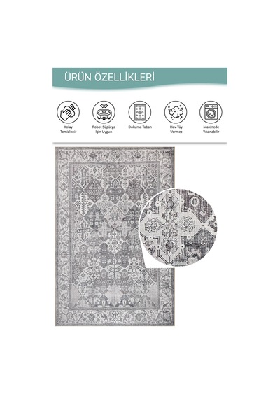 Artloop Stonart Eskitme Vintage Desenli Gri Otantik Yıkanabilir Şönil Halı Al 446 Gri 2