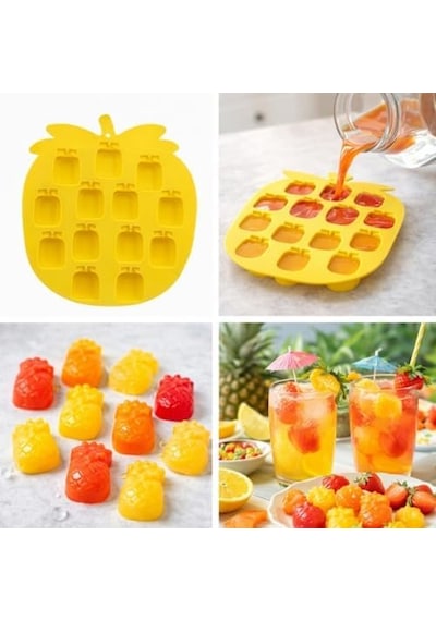 Ananas Şekilli Silikon Buz Kalıbı, Sarı, 12 Bölmeli, Tropikal Tema, Kokteyl Ve İçecekler İçin