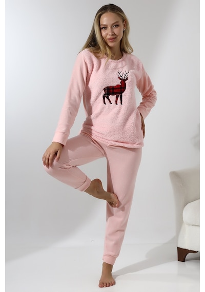 Wordex Fawn 5016 Peluş Welsoft Polar Kışlık Yumoş Geyikli Kadın Pijama Takımı - Pembe