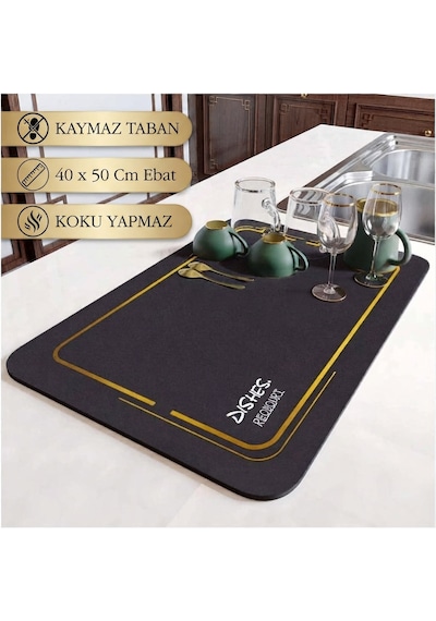 Premium Dekoratif Bulaşık Kurutma Matı 50x40 Cm Süper Emici, Kaydırmaz Kauçuk Tabanlı Ve Tezgah Koruyucu Altlık siyah