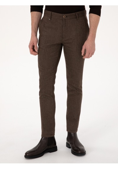 Cacharel Kahverengi Slim Fit Yün Karışımlı Balık Sırtı Kanvas Pantolon