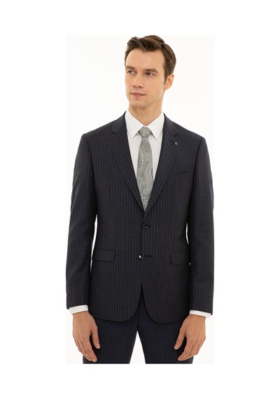 Cacharel İndigo Slim Fit Yün Çizgili Ceket Mavi