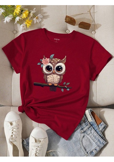 Flood Of Style Kadın Bordo Baykuş Baskılı Oversize