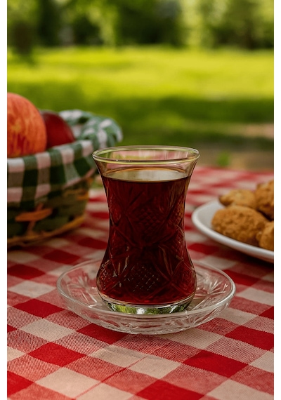 12 Parça Göz Dekor Kesme Çay Seti - Özel Yapım Çay Bardak Tabak Şeffaf