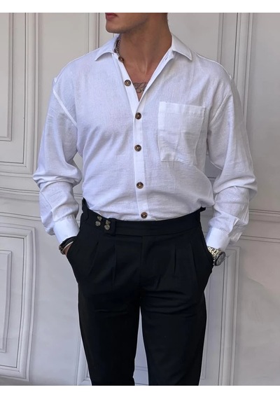 Modefendi Tek Cepli Keten Yazlık Oversize Gömlek Beyaz