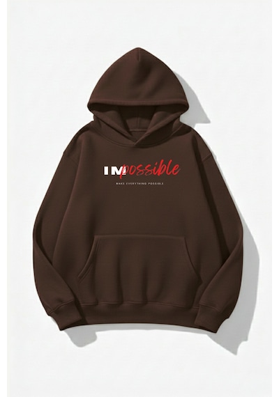 Uyguntarz Unisex Yumuşak Dokulu Impossible Baskılı Tasarım Oversize 3 İplik Hoodie Sweatshirt Kahverengi