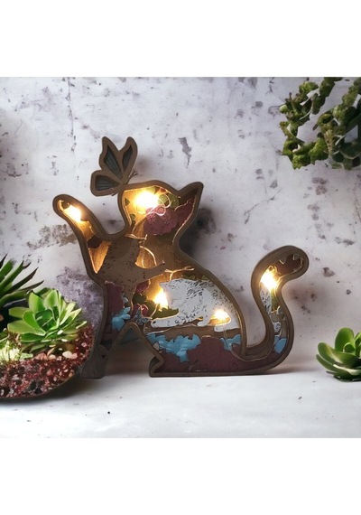 Dekoratif 3d Kedi Figürlü Işıklı Masa Süsü Biblo