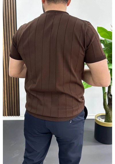 Erkek Bisiklet Yaka Çizgili Tişört Kahverengi Edw456 Kahverengi