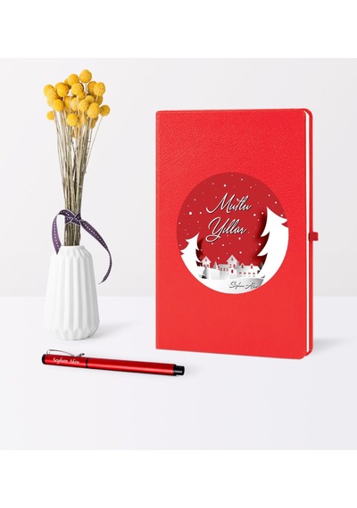 Kişiye Özel Yılbaşı Mutlu Yıllar Temalı Kırmızı Defter Kalem Seti - 1