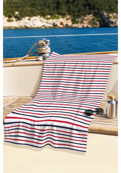Çizgili Marine Plaj Havlusu - Lacivert Kırmızı Modern Nautical Hızlı Kuruyan Mikrofiber Havlu Kumlu Papatya