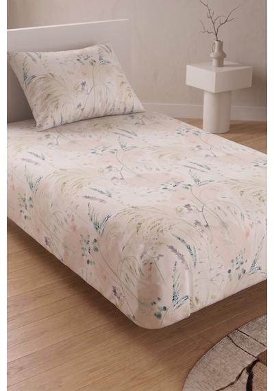 Makiteks %100 Pamuklu Çiçekli 120x200 Tek Kişilik Lastikli Çarşaf Bohem Tarz Doğal Bitki Desenli Krem
