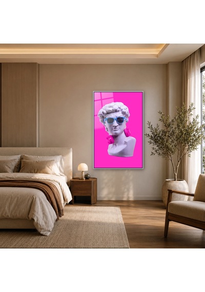 Gözlüklü Ve Kulaklıklı Pop Art Büst Gümüş Çerçeveli Cam Tablo