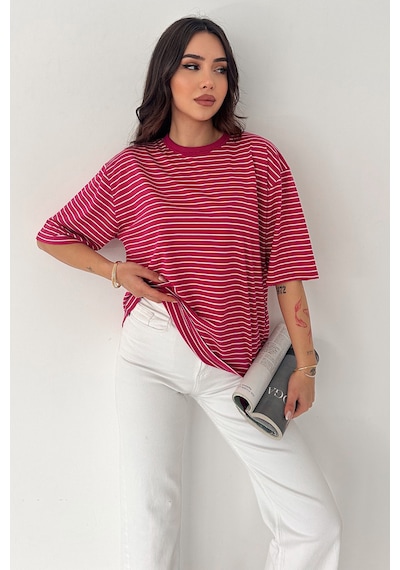 Noa & Noa Kadın Oversize Çizgili Tişört Monochrome Ease Pembe