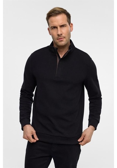 Süvari Siyah Regular Düz Polo Yaka Sweatshirt Siyah