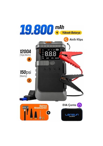 Jump Starter 19800 Mah Akü Takviyeli Hava Kompresörü Powerbankli Led Lambali Ls 99