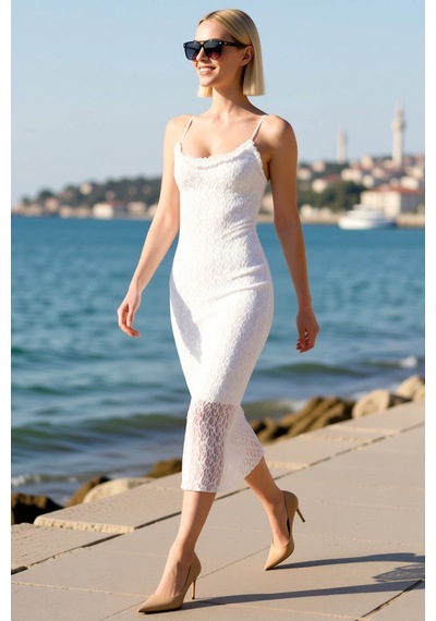 Benerly Kadın Dantel Bodycon Midi Elbise İnce Askılı Kare Yaka Astarlı Ko Beyaz