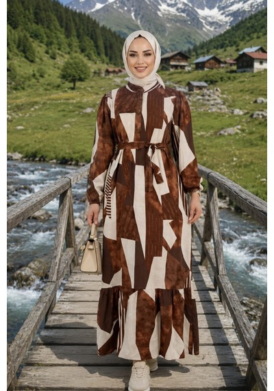 Hb Harma Time Butik Kadın Kuşaklı Viskon Kumaş Tesettür Kahverengi Elbise