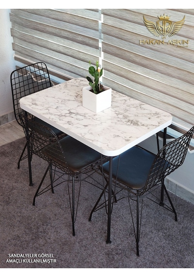By Hakan Aşkın Siyah Metal Ayaklı 60x90 Cm Kalınlıklı Tek Masa White Marble Mutfak - Balkon - Çalışma Masası