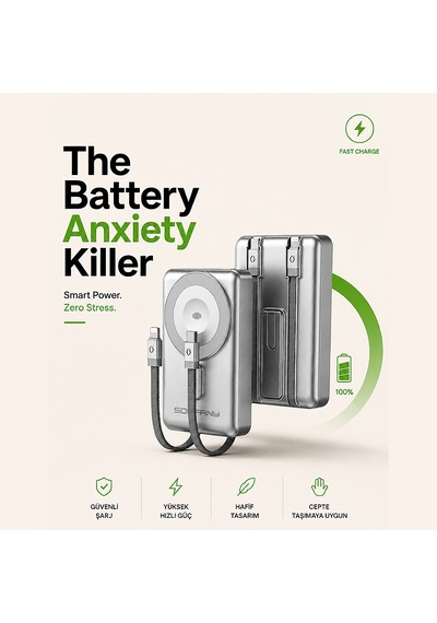 Ehz-50 22.5w Hızlı Şarj Pd Magsafe Powerbank 10000 Mah Kablolu Hı Gri