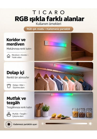 Tıcaro 32 Cm Rgb Sensörlü Şarjlı Led Dolap Işığı, 72 Led, 2200 Mah, Tekli Gümüş