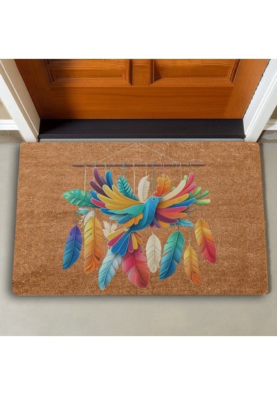 Valerine Life Nakış Desenli Kuş Ve Renkli Tüyler Welcome Kapı Önü Paspası 45x70cm