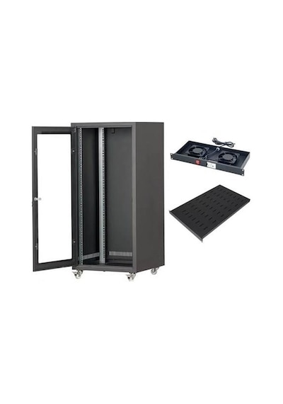 Setrack 16u 600x800 Camlı Tekerlekli Rack Kabinet+sabit Raf+2li Fan Modülü