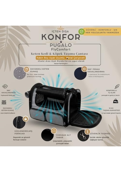 Pugalo Flycomfort Kedi Köpek Taşıma Çantası, Naylon, 40x30x35 Cm, Kabin Boy, Uçak Uyumlu, Yırtılmaz File Gri