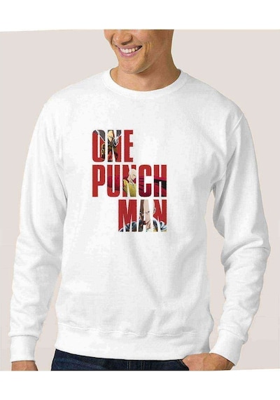 One Punch Man Baskılı Beyaz Erkek Örme Sweatshirt (530945411)