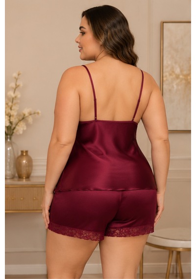 Loule Büyük Beden Bordo Transparan Dantel Şortlu Saten Pijama