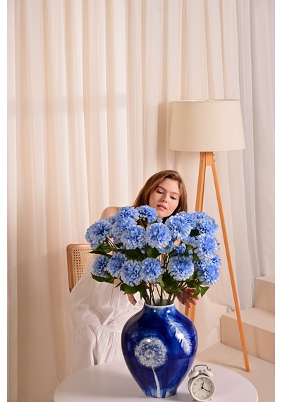 Mavi Yapay Dahlia Yıldız Çiçeği 3 Dallı Lüx İpeksi Dokulu 75 Cm