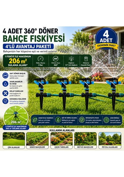 4'lü 360 Derece Döner Bahçe Fıskiyesi Seti 206 M² Sulama Alanı Ayarlanabilir Çim Sulama Sprinkleri