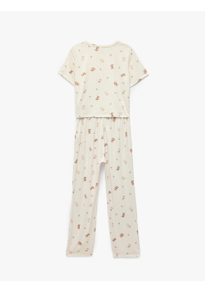 Koton Rahat Kalıp Bisiklet Yaka Kısa Kollu Baskılı Pijama Takımı Bej Desenli 7wlk40109mk