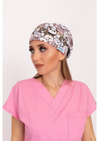 Unisex Kahve Ayıcık Desenli Dijital Baskı Likralı Doktor Hemşire Cerrahi Bonesi Kahverengi