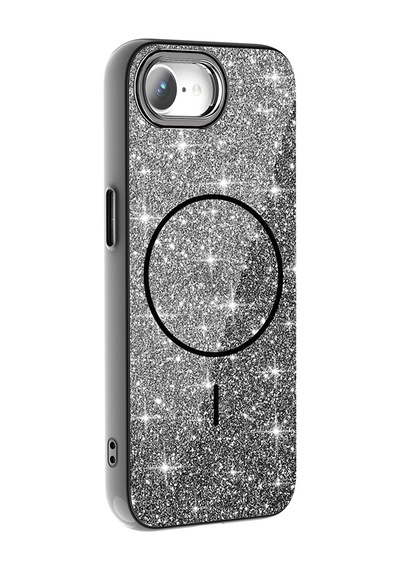 Apple Uyumlu iPhone 17e / Apple Uyumlu iPhone 16e Kılıf M-safe Şarj Özellikli Parlayan Simli Okso Kılıf Siyah