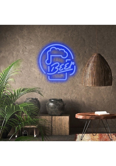 Beer Yazılı Ve Şekilli Neon Tabela Mavi