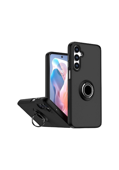 Samsung Galaxy A36 Uyumlu Kılıf Yüzüklü Standlı Extra Darbe Koruma Sert Silikon Kapak - Siyah