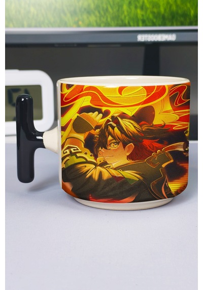 Gaming Genshin İmpact Baskılı Seramik Lüks Kupa 1 Adet T Şeklinde Özel Siyah Kulp Dalga Kulp V3t Çok Renkli