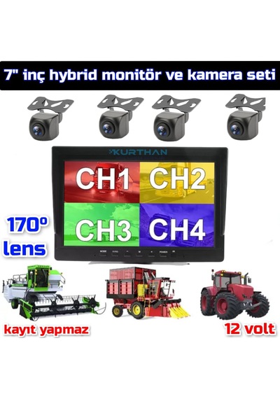 7'' Ekran + 4 Ad 170'' Geniş Açılı Kamera Seti Kayıt Yapmaz 12 V