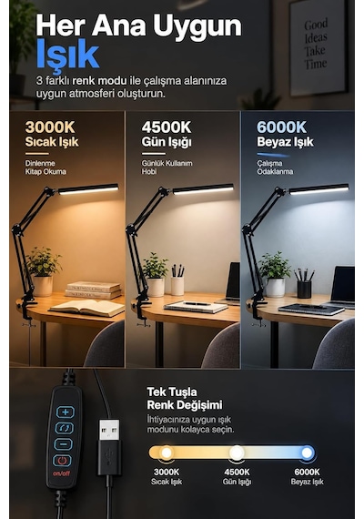 80 Led Uzun Kollu Kelepçeli Masa Lambası - 3 Renk 10 Kademe Parlaklık, 360 Ayarlanabilir Başlık, Usb Mimar Çalışma Okuma Çizim Lambası Bilgisayar Masası Lambası Akrobatik Lamba