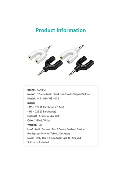 3.5mm Y Çoğaltıcı Çift Çıkışlı Ses Ve Mikrofon Adaptörü U Tipi Ses Dağıtıcı