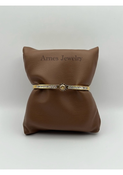 Arnes Jewelry Çelik Gold Zirkon Taşlı Kelepçe Bileklik Ar15 Gold