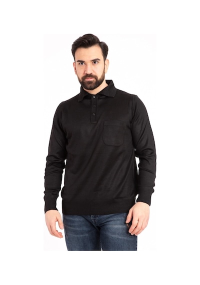 Nacar Store Erkek Siyah İnce Yün Triko Örgü Polo Yaka Baba Kazak