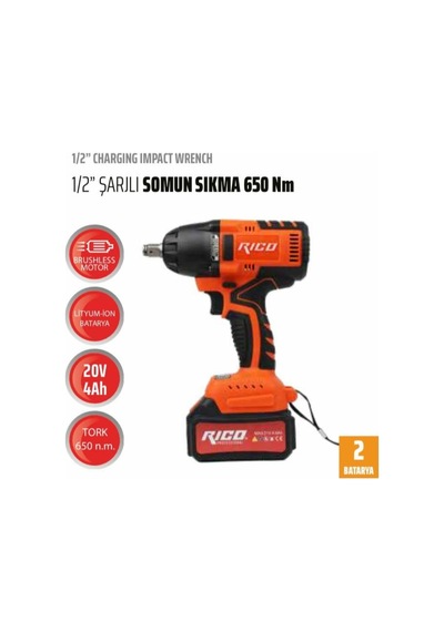 Rico Çift Akü 20 V 4 Ah 650 NM Tork 1''2 Akülü Somun Sıkma Sökme