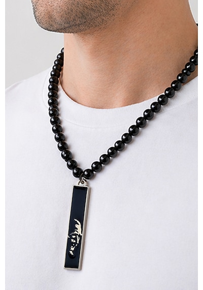 Atatürk Silüetli Siyah Mineli Dikdörtgen Kolye Atatürk İmza - Unisex Özel Tasarım Kolye 01 - Siyah
