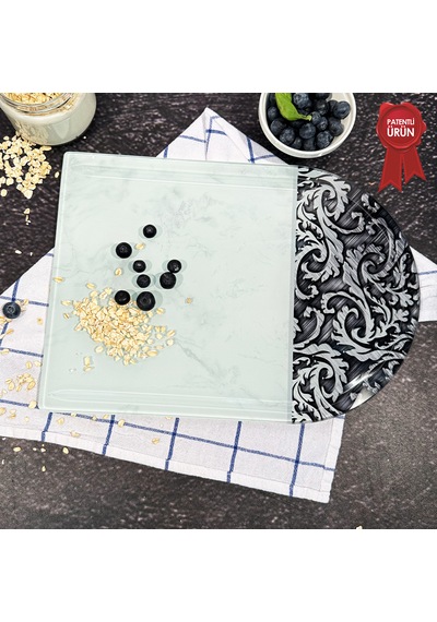 Kanallı Cam Kesme Tahtası - Ornament Beyaz - Kenarı Oval- 25x35cm