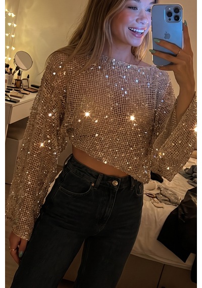 Disco Glam File Örgü Transparan Astarsız Işıltılı Festival Payet Simli Dökümlü İspanyol Kol Parti Crop Top Bluz Bakır Disco Glam File Örgü Transparan Astarsız Işıltılı Festival Payet Simli Dökümlü İspanyol Kol Parti Crop Top Bluz Bakır
