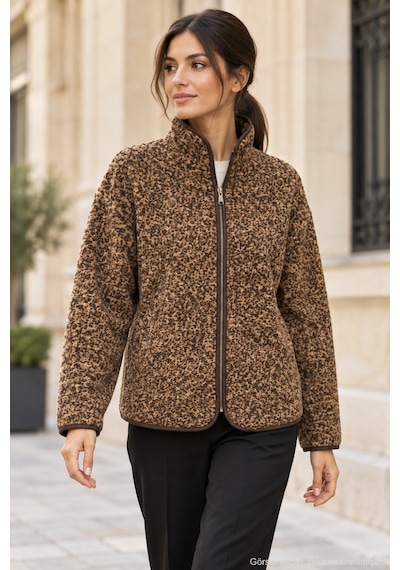 Polo State Kadın Leopar Desenli Dik Yaka Fermuarlı Peluş Ceket - Kahve Kahverengi