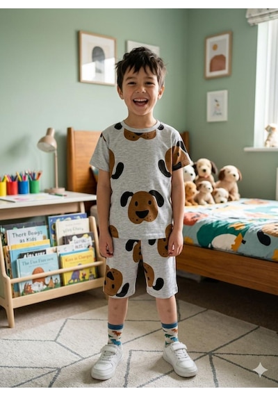 Aliş Kids Erkek Çocuk Pamuklu Gri Sevimli Köpek Desenli Kısa Kollu Şortlu Yazlık Pijama Takımı Aliş Kids Erkek Çocuk Pamuklu Gri Sevimli Köpek Desenli Kısa Kollu Şortlu Yazlık Pijama Takımı