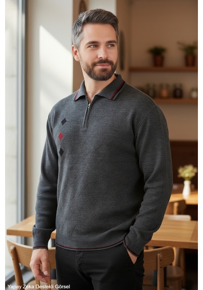 Kamalı Erkek Gri Tüylenme Yapmayan Standart Fit Normal Kesim Nakış Desen Polo Yaka Triko Kazak Kamalı Erkek Gri Tüylenme Yapmayan Standart Fit Normal Kesim Nakış Desen Polo Yaka Triko Kazak
